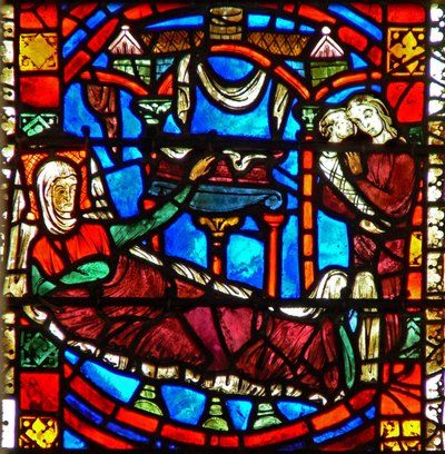 Window depicting the birth of St Nicholas by French School