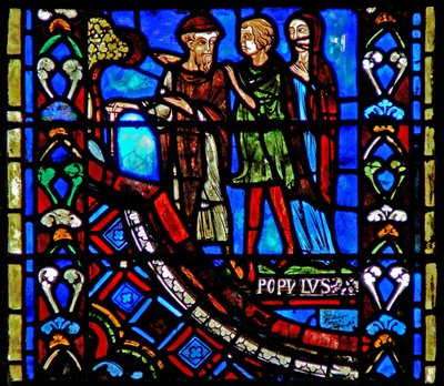 Window depicting people going to listen to St John the Baptist in the wilderness by French School