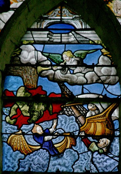 Window w5 depicting a scene from the Book of Revelation: a mountain falls into the sea; a third turned to blood by French School