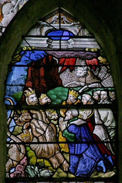 Window w5 depicting a scene from the Book of the Revelation of St John: the kings of the earth worship the beast by French School