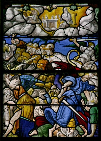 Window w5 depicting a scene from the Book of Revelation: horses with heads like lions, smoke and sulphur from their mouths by French School