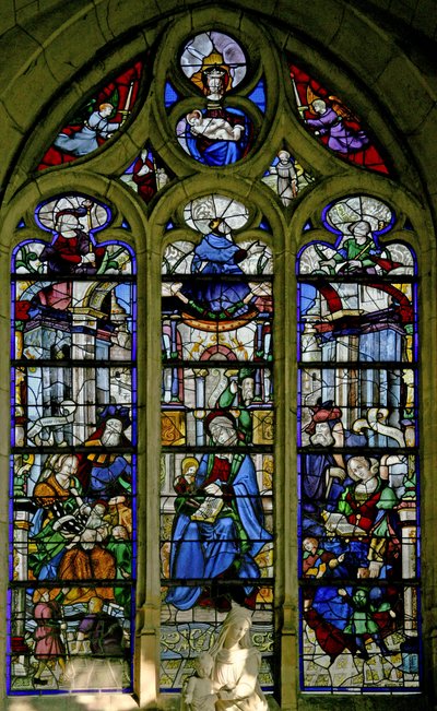 Window w6 depicting St Anne Teaching the Virgin to read; Mary Jacobe and Mary Salome and families; David, Asa, Josias above by French School