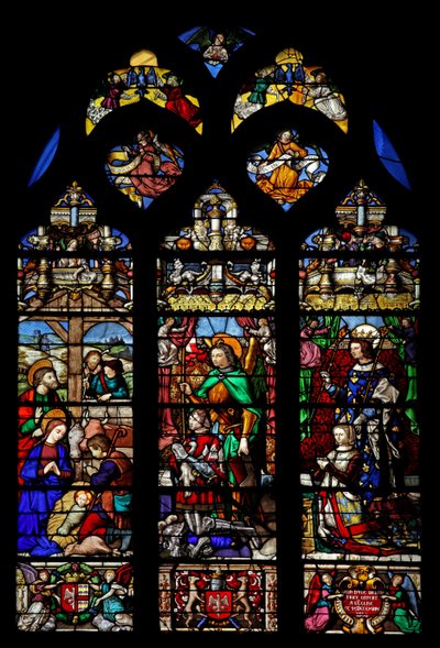 Window depicting the Nativity with Shepherds; donors Gaspard de Coligny and wife and patron saints by French School
