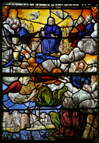 Window w7 depicting a scene from the Book of Revelation: the Throne in Heaven: the four Sacred Beasts by French School