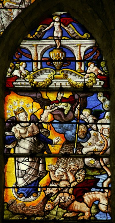 Window w7 depicting a scene from the Book of Revelation: the Woman Clothed with the Sun by French School