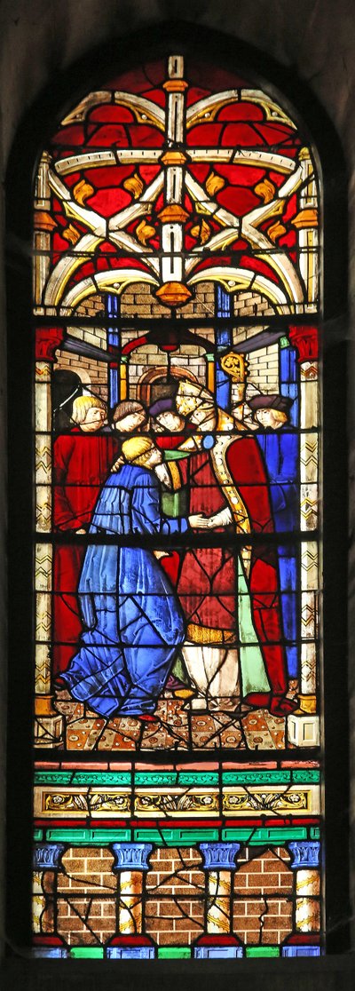 Window depicting a scene from the Life of St Augustine: he is named professor at Milan and visits Ambroise by French School