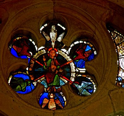 Window w85 depicting Christ surrounded by six doves and holding the seventh symbolising the Holy Spirit by French School