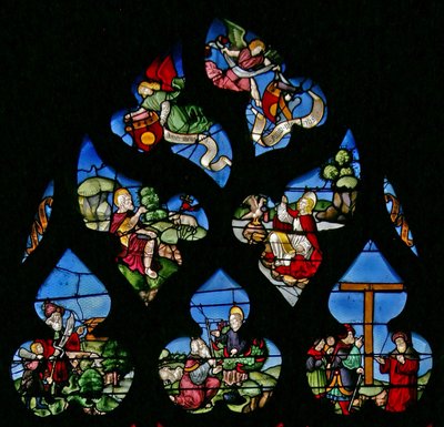 Window depicting St John the Baptist, St John the Evangelist, Abraham and Isaac, Moses and the Burning Bush and the Elevation of the Cross by French School