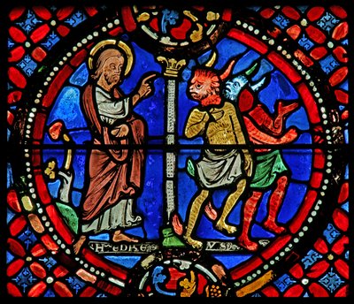 Window depicting St Andrew chasing two demons by French School