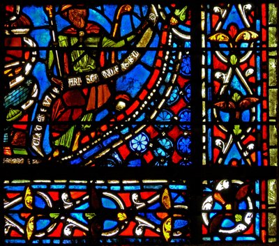 Window depicting the Pharaoh holding a banderole with the words I Clement of Chartres made this window (in the Joseph window) by French School