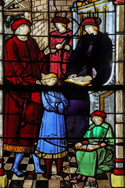 Window depicting the life of St Augustine: he is taken to school by his father by French School