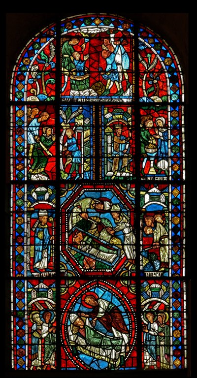 Window wXX depicting Composite window concerning the relics of St Gervais et Protais and the Martyrdom of their parents St Vital and Valery by French School