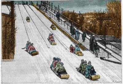 Winter game and sport: the Toboggan slide, roller coaster in Montreal Park, Canada. Engraving in 