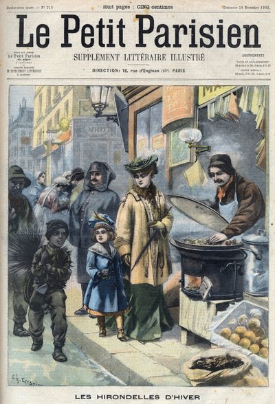 Winter swallows: a young chimney boy in the street covered in soot. On the sidewalk a policeman, a mother and daughter with a chestnut merchant. Engraving in 