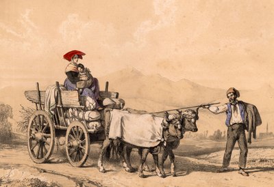 Woman and child in traditional dress riding on a cart full of sacks, c.1840 by French School