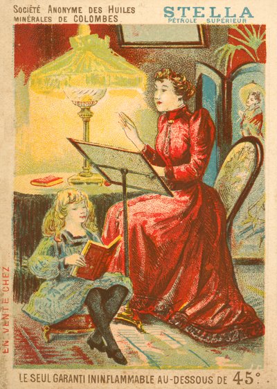 Woman and Child Reading by the Light of an Oil Lamp by French School