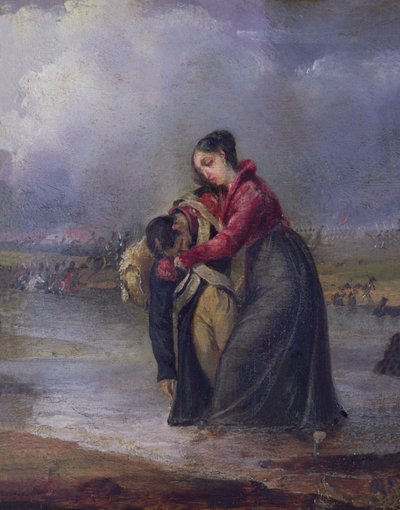 Woman carrying a wounded soldier during the Napoleonic wars by French School
