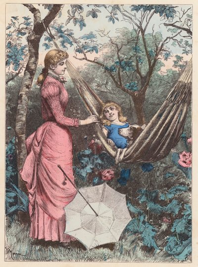 Woman, Child and Her Pet Dog Relaxing in the Garden by French School