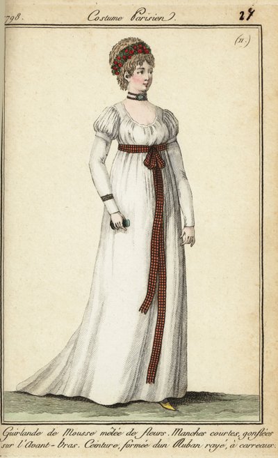 Woman in the fashions of 1798 with short hair under a garland by French School