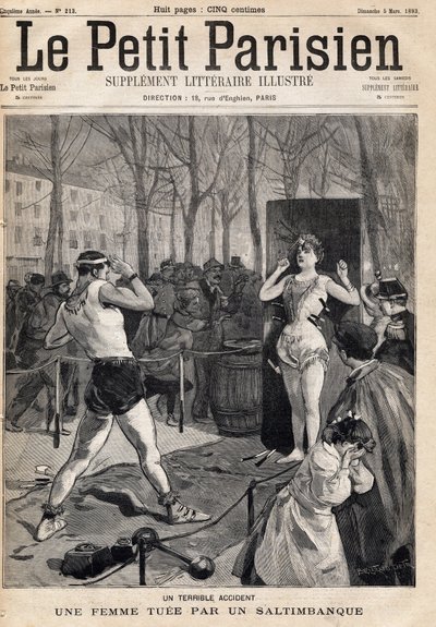 Woman killed by accident during a show of saltibank in the street, Place des Quinconces in Bordeaux. One of the newspaper Le petit Parisien on 5/03/1893 (engraving) by French School