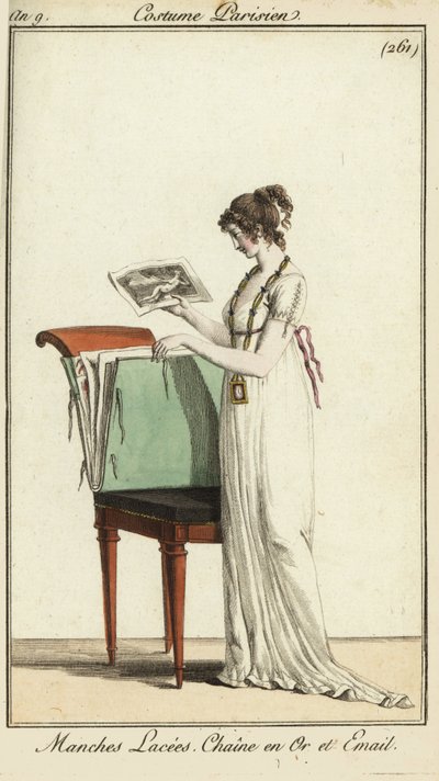 Woman looking at a portfolio of engravings by French School