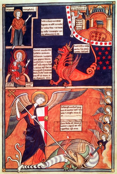 Woman of the Apocalypse Being Attacked by the Seven-Headed Dragon and St. Michael Killing the Dragon, from Liber Floridus by Lambert de Saint-Omer by French School