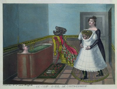 Woman taking a bath while her maid secretly conceals a voyeur by French School