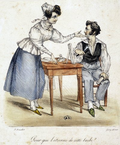 Woman Watching the Result of a Man Who Just Shaved His Beard by French School