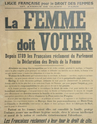 Women Must Vote, poster encouraging women to fight for voting rights, 1914 by French School