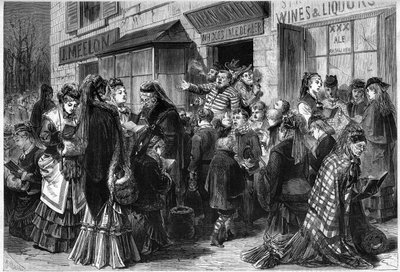 Women and children singing hymns at the door of liquor stores in Chicago, United States by French School