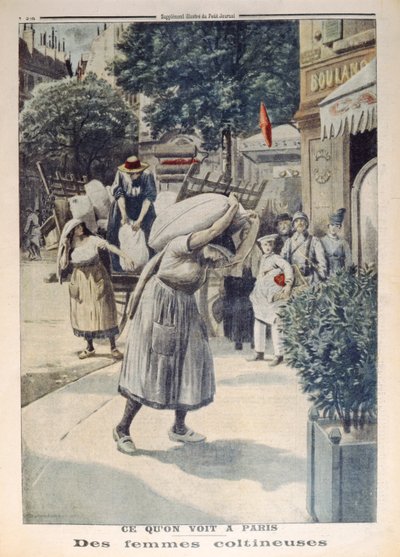 Women carrying sacks of flour during the 1st World War in Paris, illustration from Le Petit Journal, 8th July 1917 by French School