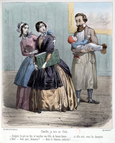 Women leaving their husbands to look after children while they go to their club, 1848 by French School