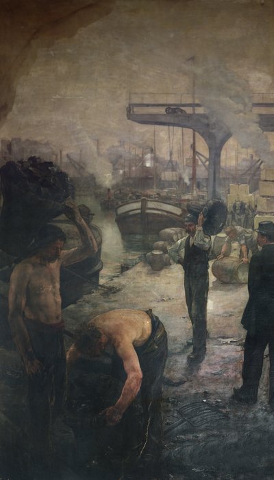 Workers unloading coal from a barge, early twentieth century by French School