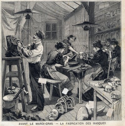 Workshop to manufacture masks for the disguises of the Mardi Gras festival. In Le Petit Parisien on 14/02/1897 by French School