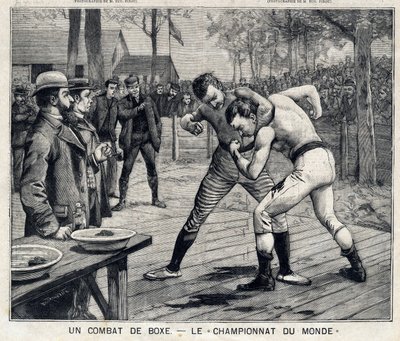 World Championship: Boxing Fight Between Jim Corbett and Bob Fitzsimmons in Carson, Nevada, United States. In The Little Parisien on 11/04/1897. Private Collection by French School
