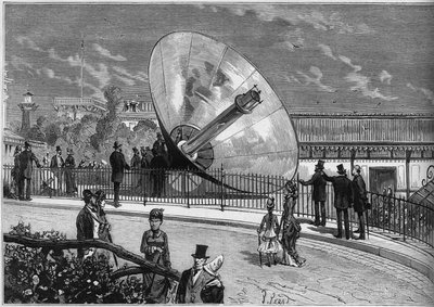 World Exhibition 1878 in Paris: solar furnace invented by Augustin Mouchot. Engraving in Le Monde Illustré n°1125 of 19 October 1878 by French School