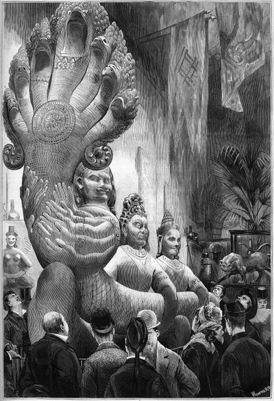 World Exhibition 1878 in Paris: statues of the Cambodian Giants and Polycephal Serpent, reported from Cambodia by the Delaporte Mission, exhibited in the Trocadero Retrospective Gallery. Engraving in 