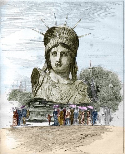 World Exhibition 1878 in Paris: the head of the Statue of Liberty by Frederic Auguste Bartholdi. Engraving by Edgard Morin from 
