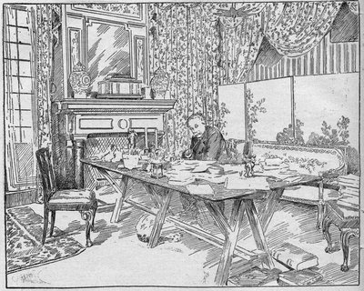Writer Alexandra Dumas Jr. (1824-1895) in his work cabinet. Engraving in 