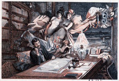 Writer at his work table inspired by naked women and angelots - in "Menus-propos d