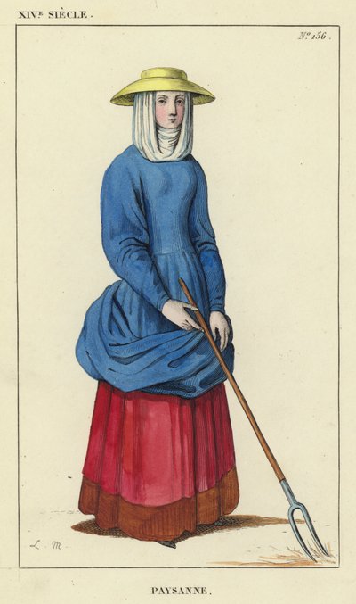 14th Century, Peasant Woman (coloured engraving) by French School