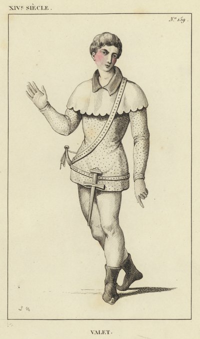 14th Century, Valet (coloured engraving) by French School