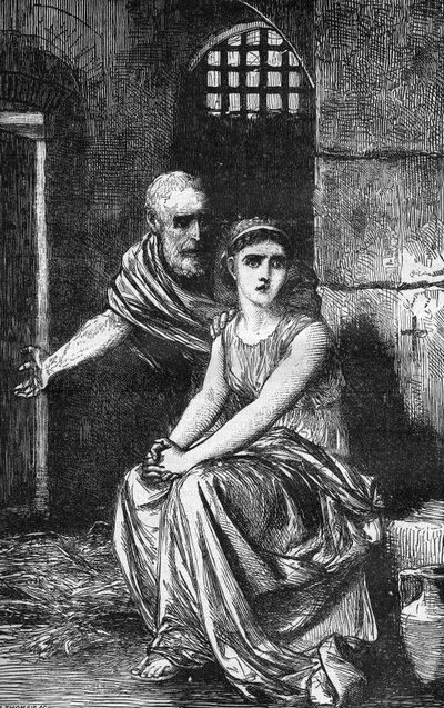 Young Christian virgin Theodora of Alexandria locked up in a house of debauchery for refusing to give up her faith by French School