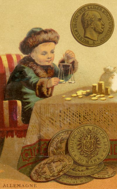 Young German banker weighing Deutschmarks, from a series of promotional cards on currencies in different countries, published in Paris by Baster & Vieillemard for use by the chocolate producer, Chocolat Ibled by French School