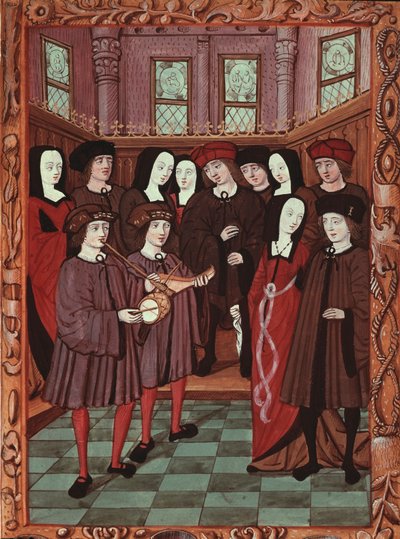 Young Couple Listening to Musicians (manuscript image) by French School