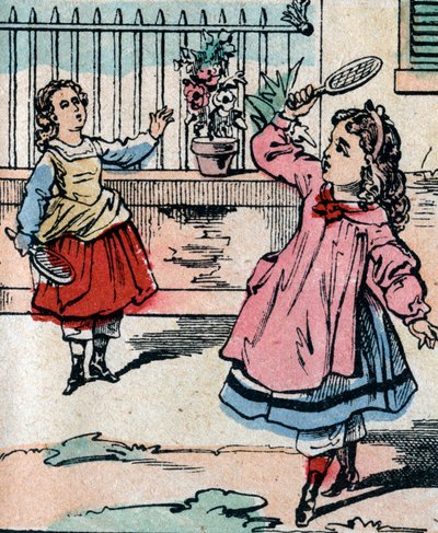 Young girls playing battledore and shuttlecock, early game similar to badminton (engraving) by French School