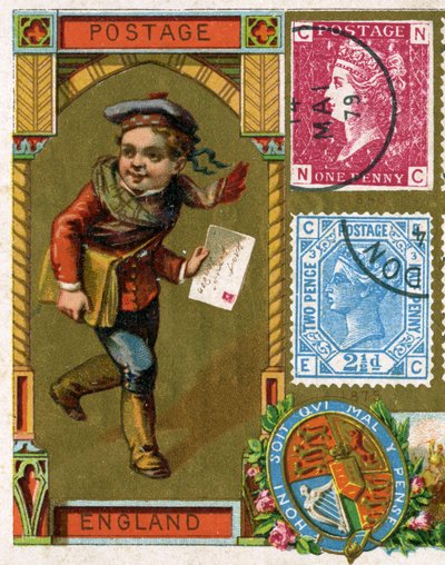 Young postman with his letter sack delivering a letter in Victorian England, late 19th century by French School