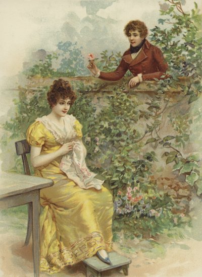 Young woman, approached by suitor with flower over wall by French School