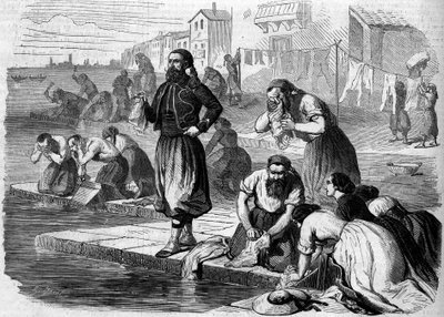 Zouaves of the French army doing their laundry. Italy, Risorgimento of 1859. Engraving in 