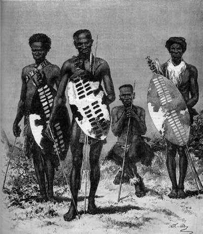 Zulu warriors. Engraving in The Illustrous World n°1146 of 15 March 1879 by French School
